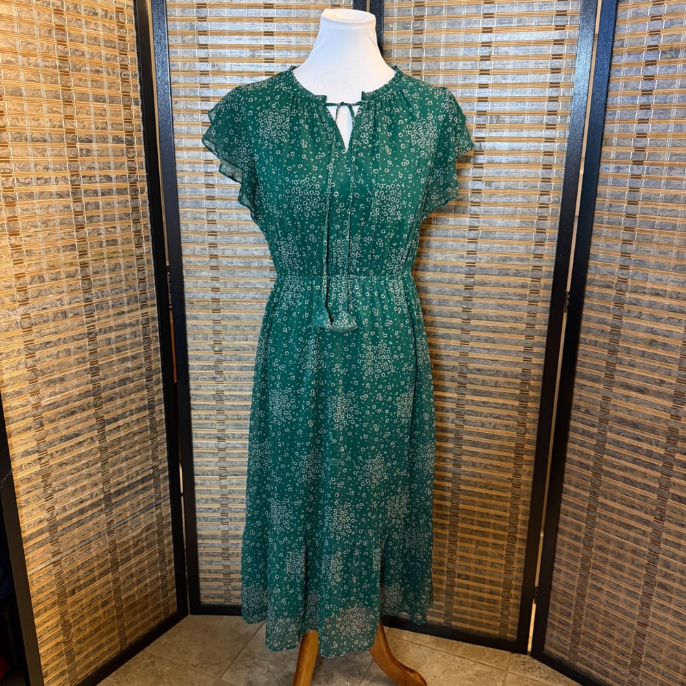 Les Serein Floral Midi Dress Women Size M Green Ruffle Sleeve Cottagecore Boho